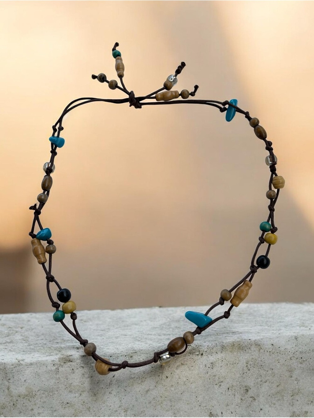 Boho Turquoise and Wood Bead Necklace - Women's Fashion Jewelry